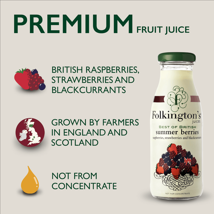 Image of a bottle of Folkington's natural Summer Berries  drink on a plain background with the following information: 1: British Raspberries, strawberries and blackcurrants. 2: Grown by farmers in England and Scotland. 3: Not from concentrate