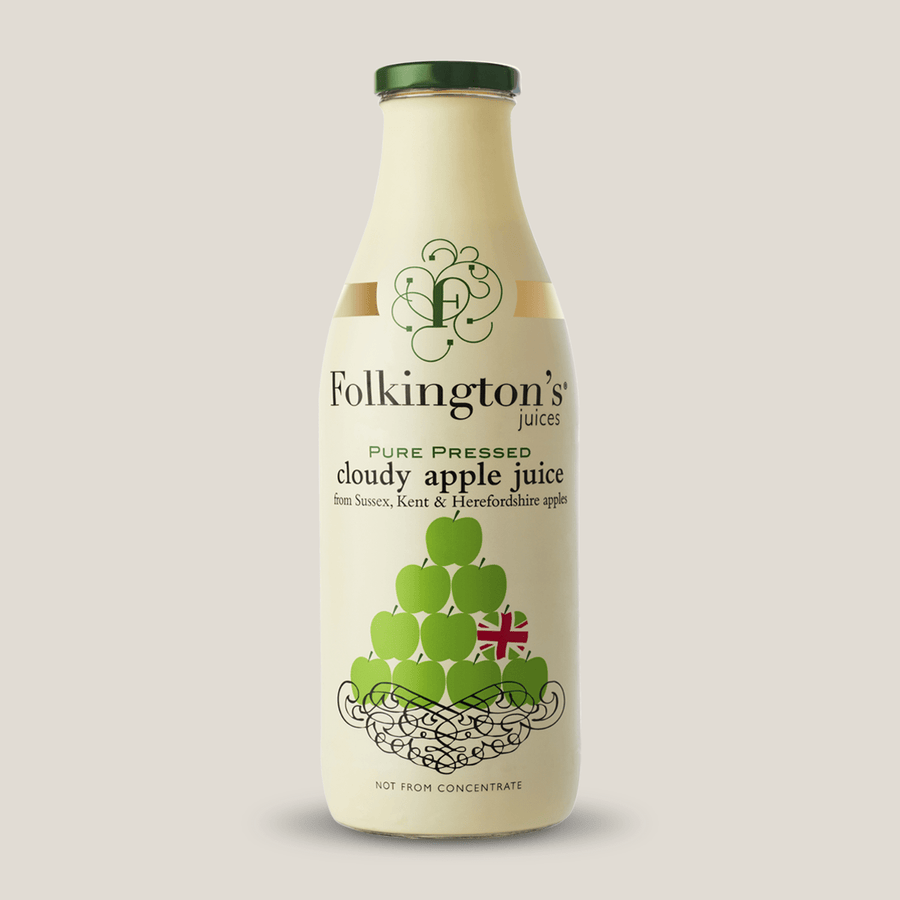 Single 1 litre bottle of Folkington's Apple Juice on a plain background.