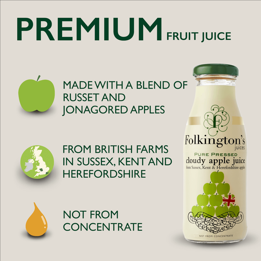 Information graphic featuring a 250ml bottle of Cloudy Apple Juice on a plain background with three key points: 1: Made with a blend of Russet and Jonagored Apples. 2: From British Farms in Sussex, Kent and Herefordshire. 3: Not from Concentrate.
