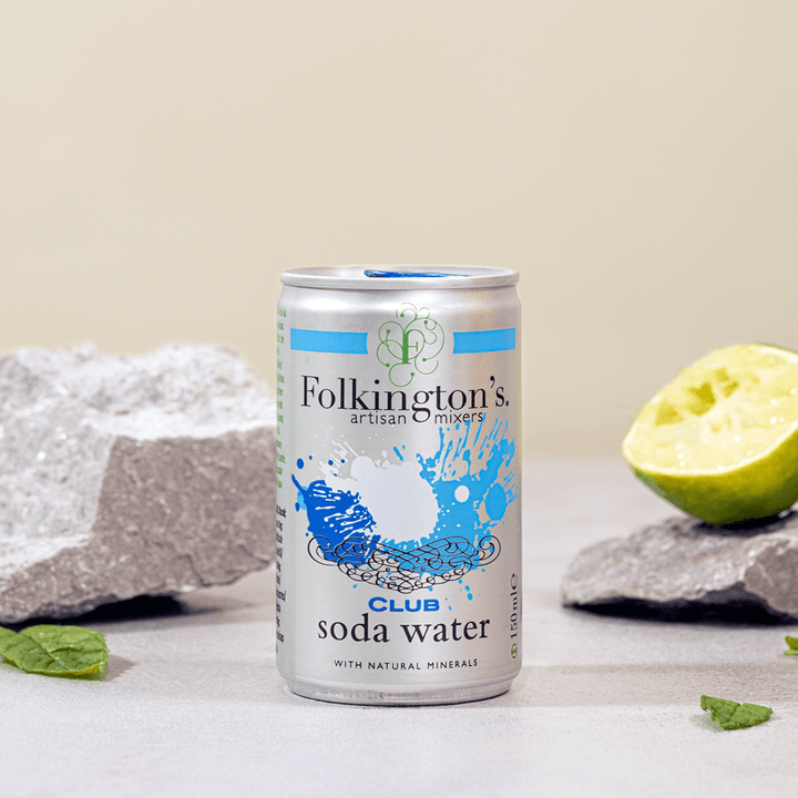 150ml Club Soda Water can in front of rocks with a piece of lime