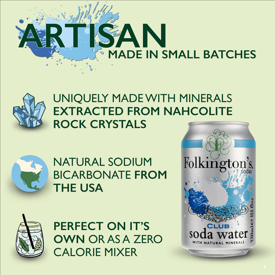 Image of a 330ml Soda Water can on a plain background. Information about our Soda Water including: How it is uniquely made with minerals extracted from nahcolite crystals - 2: Natural Sodium Bicarbonate from the USA - 3: How it is perfect on it's own or as a zero calorie mixer