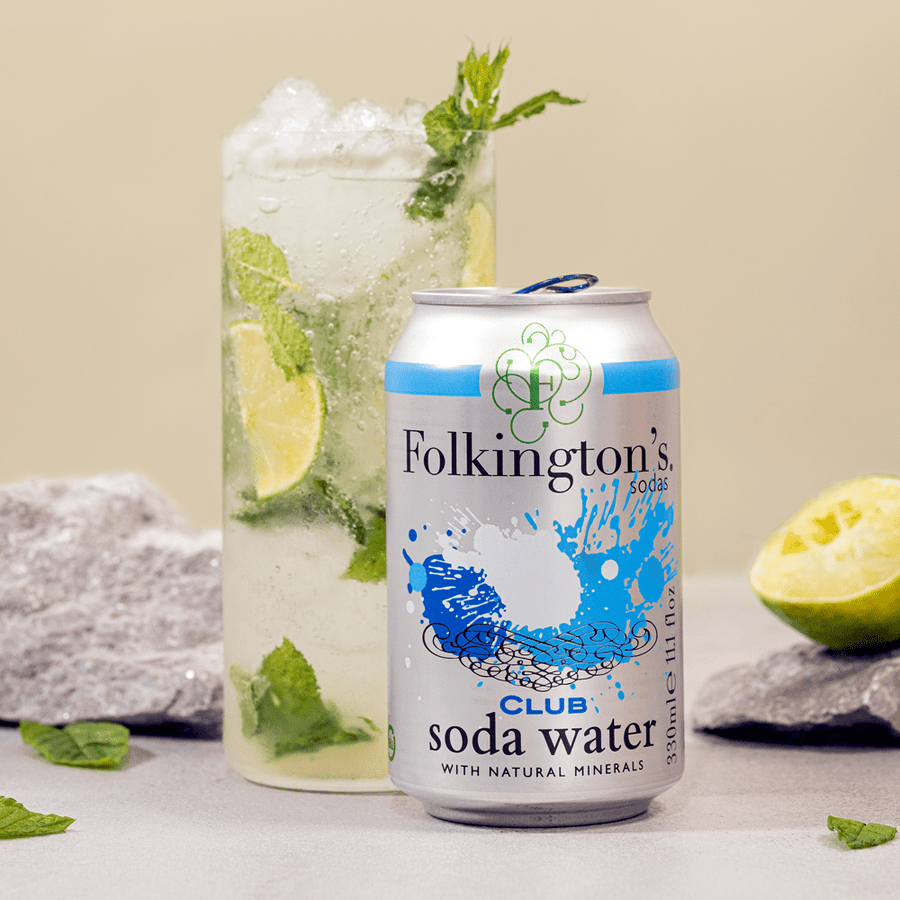Image of a 330ml Soda Water can open in from of a glass of soda water with lots of ice and a lime and mint garnish. Behind the can and glass are natural rocks with lime quarters and mint. 