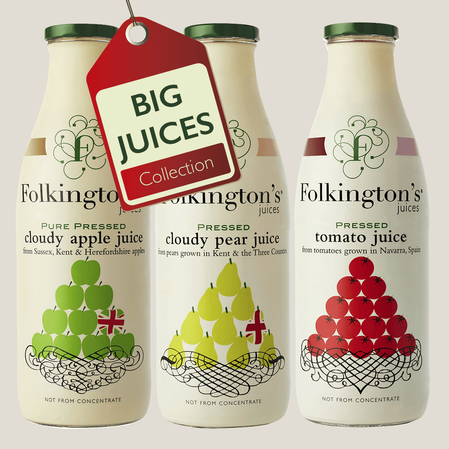 Image of 3 x 1 litre bottles - Apple Juice, Pear Juice and Tomato juice - on a plain background with a Big Juices collection tag overlaid.