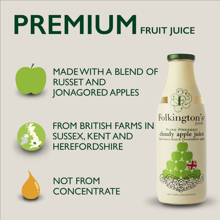 Information graphic featuring a 1 litre bottle of Cloudy Apple Juice on a plain background with three key points: 1: Made with a blend of Russet and Jonagored Apples. 2: From British Farms in Sussex, Kent and Herefordshire. 3: Not from Concentrate.